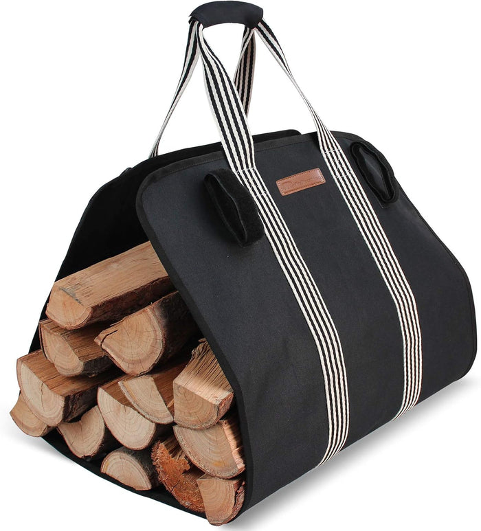 Waxed Canvas Log Carrier Tote Bag, Extra Large Durable Firewood Holder with Handles and Shoulder Strap, Heavy Duty Wood Carrying Bag for Fireplaces & Wood Stoves Khaki