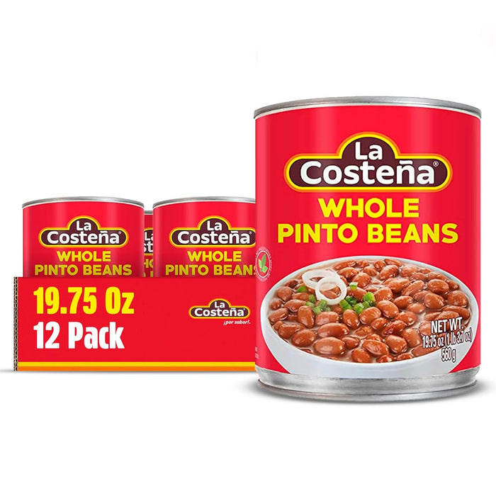 La Costeña Refried Pinto Beans - Ready-to-Eat Canned Refried Beans for Mexican Food, Mexican Rice, Nacho Bean Dip, Bean Burrito, Carne Asada, Fajita & Taco Seasoning - 14.1oz, 12 Pack Canned Food