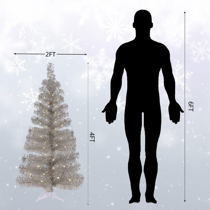 Juegoal 4 FT Pre-lit Artificial Christmas Tree, Lighted Silver Tinsel Pencil Pine Spruce Trees with 70 Warm White LED Lights, 8 Lighting Mode & Timer for Xmas Holiday Winter Home Party Decor