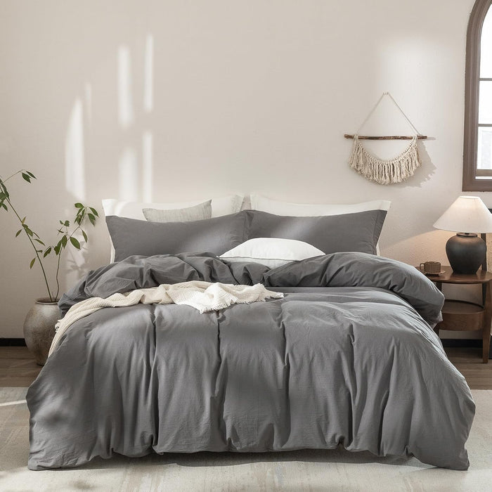 Stripe Duvet Cover Super King Plus Size 120inch x 120inch, 100% Washed Cotton Linen Feel Duvet Cover with Zipper Closure and 2 Pillowcases, Color of White-Dark Grey Stripe
