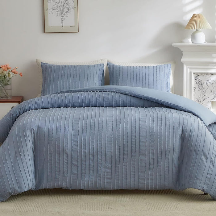 WARMDERN White Boho Duvet Cover Set Queen Size, Striped Textured Tufted Bedding Set, 3 Pcs Ultra Soft Washed Microfiber with Zipper Closure (Queen, White)