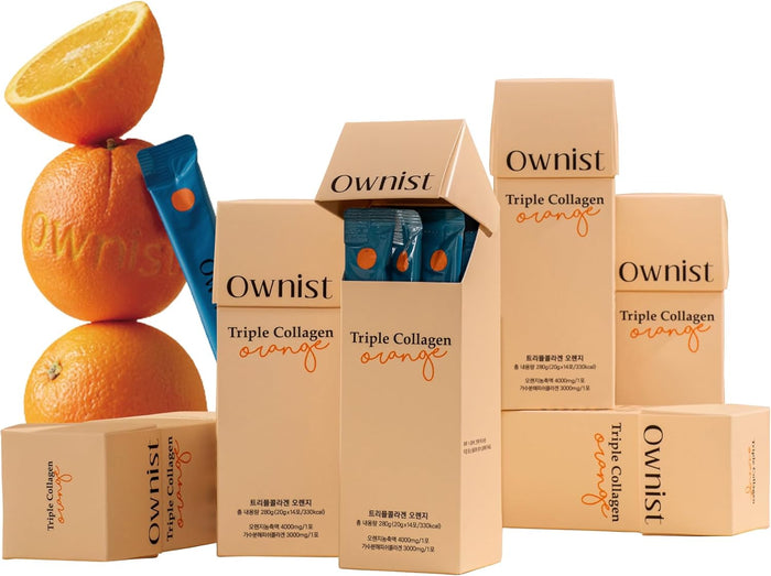 Ownist Triple Collagen Liquid Packets On-The-Go - Peptides with Hydrolyzed Marine Collagen, Elastin, Hyaluronic Acid and Vitamin for Healthy Skin - Orange Flavor - 84 Individual Stick Packs (6 Boxes)