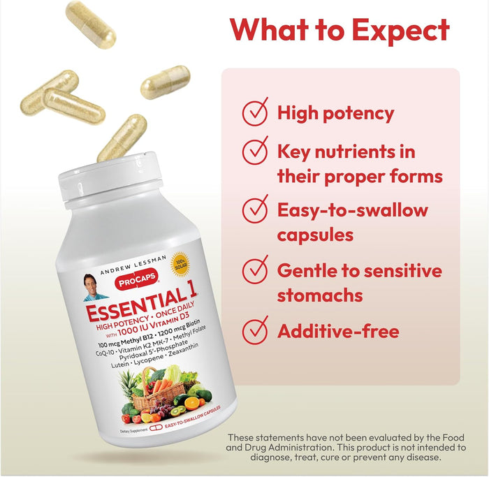 ANDREW LESSMAN Essential-1 Multivitamin 1000 IU Vitamin D3 60 Small Capsules - 100 mcg Methyl B12. CoQ10 Lutein Lycopene Zeaxanthin. High Potency. No Additives. Ultra-Mild. One Daily Capsule