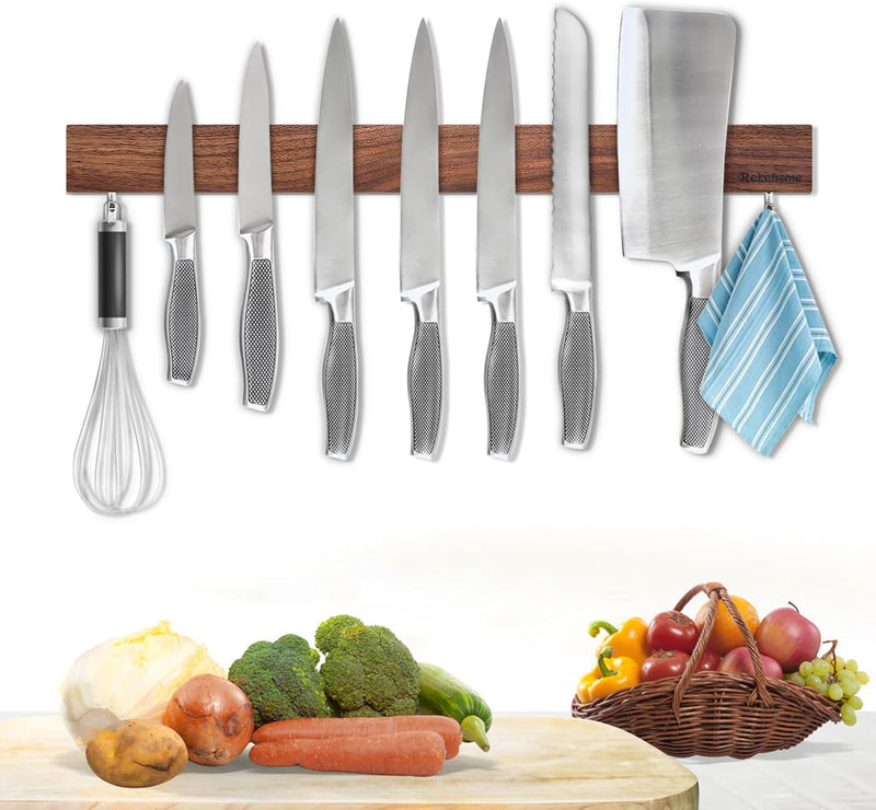 Magnetic Knife Holder for Wall, 10 Inch black Magnetic Knife Strip no Drilling with 2 Hooks, Stainless Steel Magnet Knife Holder, Powerful Magnetic Knife Rack for Knives, Utensils and Tools