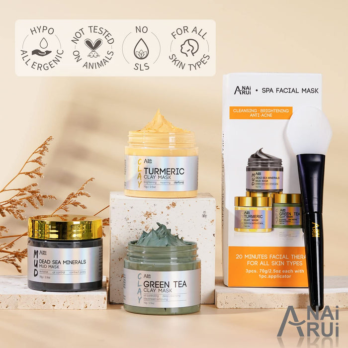 ANAI RUI 3Pcs Face Mask Set, Turmeric Clay Mask - Green Tea Face Mask - Dead Sea Minerals Mud Mask, Holiday Gift Set, Stocking Stuffers for Women &Teen Girls, Self Care Gifts for Women 2.5 oz each