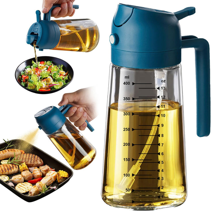 TrendPlain 16oz/470ml Glass Olive Oil Sprayer for Cooking – 2 in 1 Olive Oil Dispenser Bottle for Kitchen Gadgets and Air Fryer Accessories, Salad, BBQ - Black