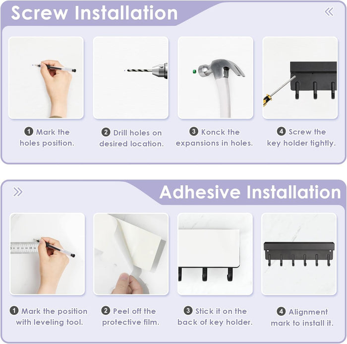VIS'V Key Holder Wall Mount, Compact Adhesive Key Rack with Tray, 6 Hooks, 2 Mount Options, Black