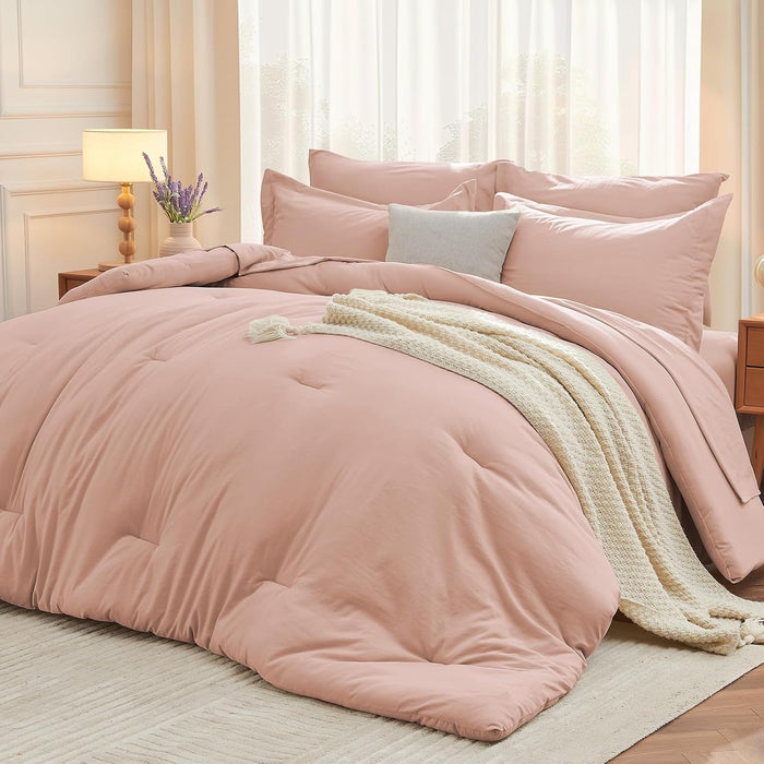 MUXHOMO 7 Pieces Queen Comforter Set, Soft Bed in a Bag Queen Size, All Season Bedding Set with Comforter, Flat Sheet, Fitted Sheet, Pillowcases & Shams, Ivory