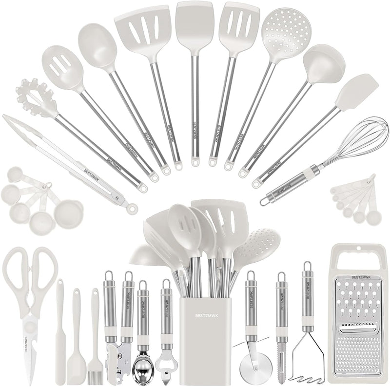 Kitchen Utensil Set-Silicone Cooking Utensils-33 Kitchen Gadgets & Spoons for Nonstick Cookware-Silicone and Stainless Steel Spatula Set-Best Kitchen Tools, Useful Pots and Pans Accessories