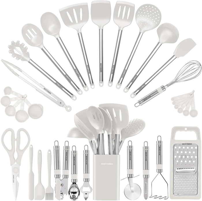 Kitchen Utensil Set-Silicone Cooking Utensils-33 Kitchen Gadgets & Spoons for Nonstick Cookware-Silicone and Stainless Steel Spatula Set-Best Kitchen Tools, Useful Pots and Pans Accessories