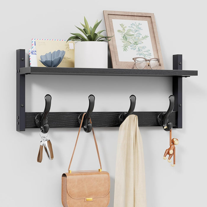 Tatub 29" Rustic Coat Rack Wall Mount with Shelf, Entryway Wall Hooks with Shelf, Coat Hangers for Bathroom, Living Room, Bedroom, Rustic Black