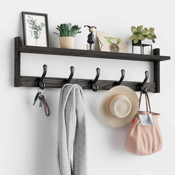 Tatub 29'' Coat Rack Wall Mount with Shelf, Wood Wall Hooks with Storage, Entryway Shelf with 5 Coat Hangers for Bathroom, Living Room, Bedroom, Black
