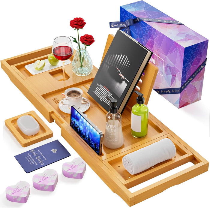 Premium Bathtub Tray Caddy, Expandable Bath Tray, Unique House Warming Gifts, New Home, Anniversary and Wedding Gifts for Couple, Bridal Shower Gift for Women