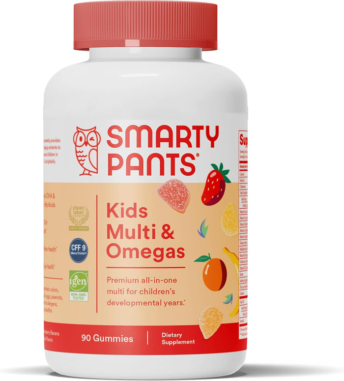 SmartyPants Kids Multivitamin Gummies - Improved Formula: Omega 3 (DHA/EPA), Vitamins D3, C, B12, B6, Vitamin A, K & Zinc, Gluten Free, Three Fruit Flavors, 60 Count (30 Day Supply)