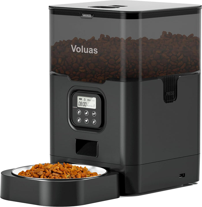 VOLUAS Automatic Cat Feeder – 4L Timed Cat Dry Food Dispenser with Voice Recorder, Dual Power Supply, Programmable Portion Control, Desiccant Bag, Auto Pet Feeder for Cats and Dogs