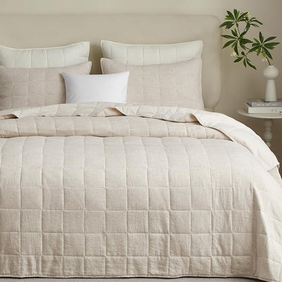 Powdion Linen Quilt Queen, 100% Linen Front / 100% Cotton Back Pre-Washed Vintage Bedding for All Season, Oversized European 3 Pieces Stitch Bedspread