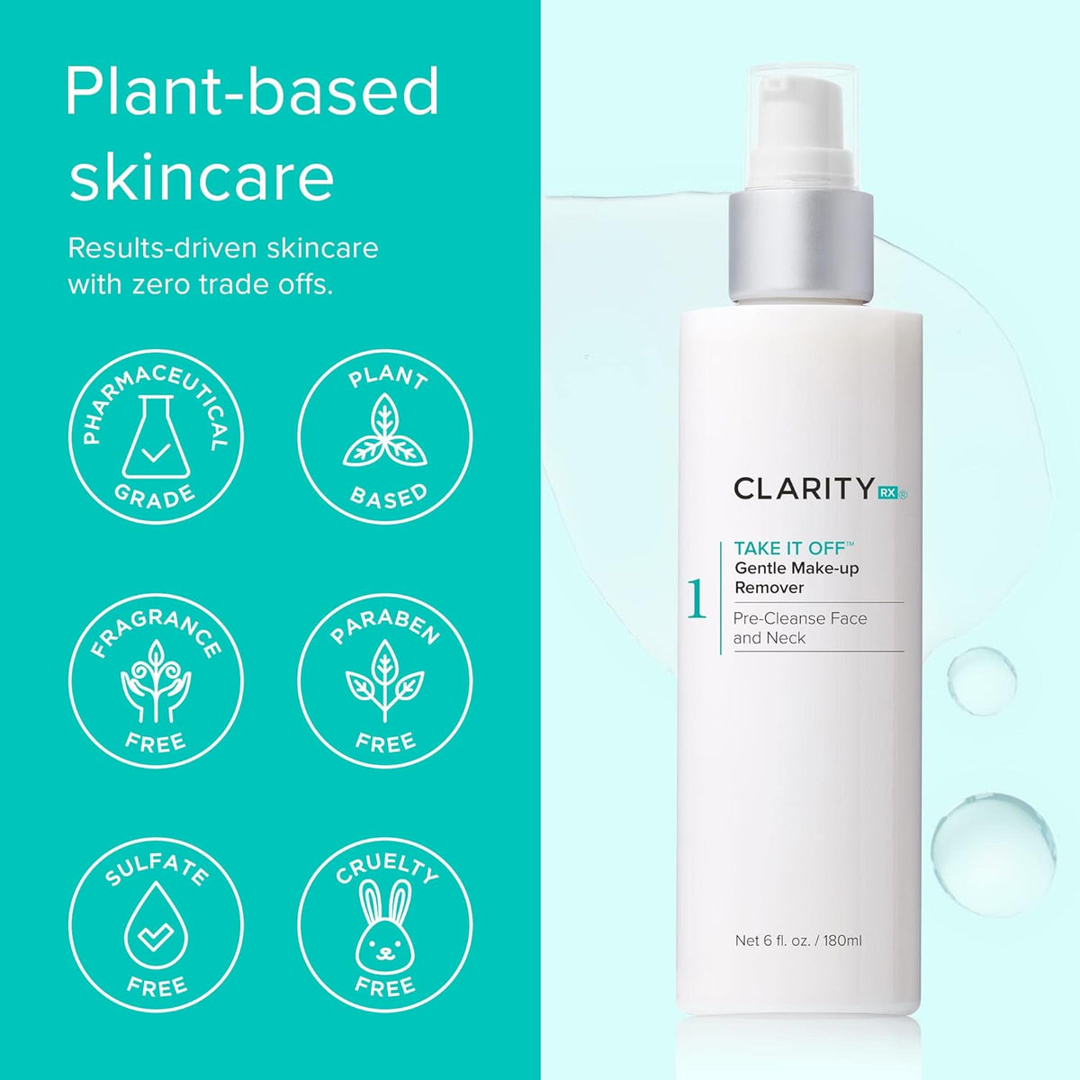 ClarityRx Take It Off Gentle Face & Eye Makeup Remover, Natural Plant-Based Calming Facial Cleanser with Antioxidants for All Skin Types