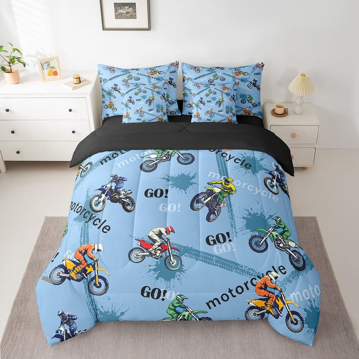 Feelyou Blue Race Car Bed Set for Kids Boys Girls Full Size Extreme Sports 7 Pieces Beeding Set Teen Adult Ultra Soft Speed Sports Car Bed in a Bag with Comforter, Sheets, Pillowcases Cool Car