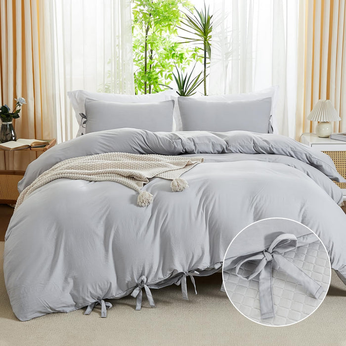 annadaif Duvet Cover Queen Size Sage Green, 3 Pieces Soft Washed Microfiber Duvet Cover Set, Comforter Cover with Bowknot Bow Tie (1 Duvet Cover 90x90 Inch, 2 Pillowcases) Easy Care Bedding Set