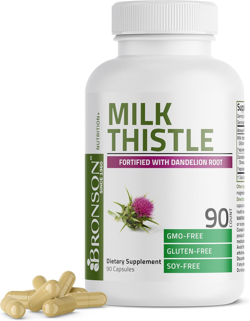 Bronson Milk Thistle Silymarin Marianum & Dandelion Root Liver Health Support, Antioxidant Support, Detox, 120 Capsules