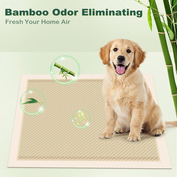 MIZOK Puppy Pads Small 22x22 Pee Pads for Dogs Bamboo Odor Eliminating & 6-Layer Absorbent Leak-Proof Dog Pee Pads Potty Training with Adhesive Tabs, Disposable (100 Counts)