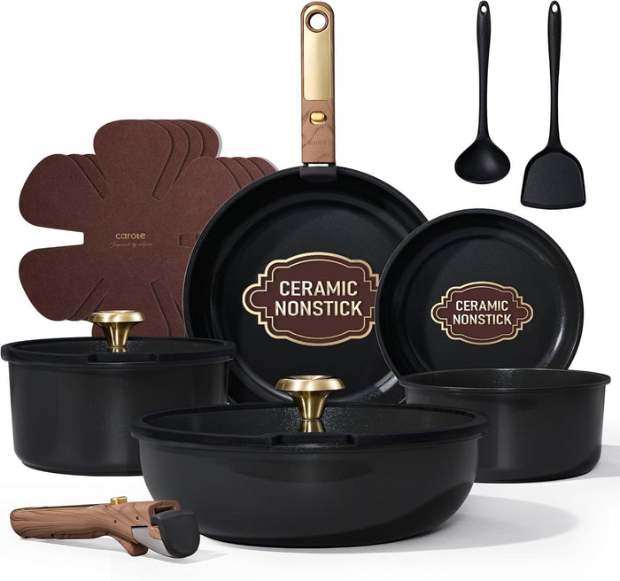 CAROTE 19pcs Pots and Pans Non Stick, Cookware Sets Detachable Handle, Induction Kitchen Pots and Pans,NonStick Cooking Set, Oven/Dishwasher/Fridge Safe, Space Saving