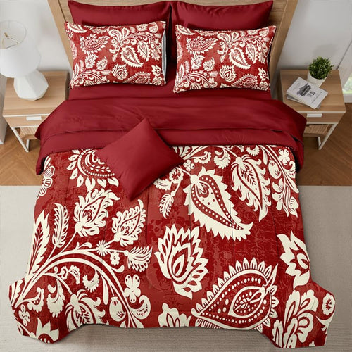 7 Pcs Queen Size Comforter Set with Pillowcases & Shams, Red and White Paisley Floral Bedding, Classic All-Season Bed in a Bag with Flat and Fitted Sheets