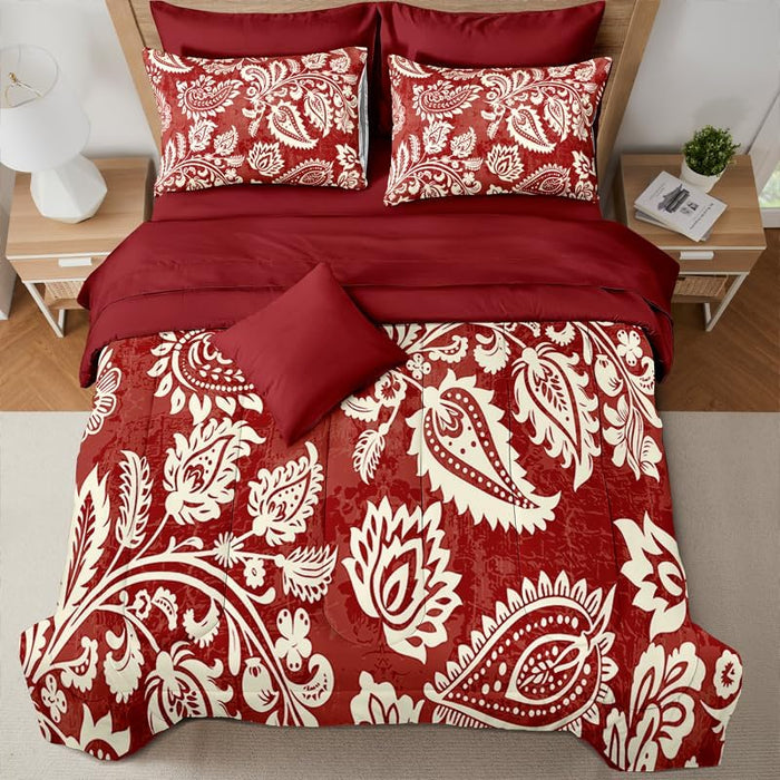 7 Pcs Queen Size Comforter Set with Pillowcases & Shams, Red and White Paisley Floral Bedding, Classic All-Season Bed in a Bag with Flat and Fitted Sheets