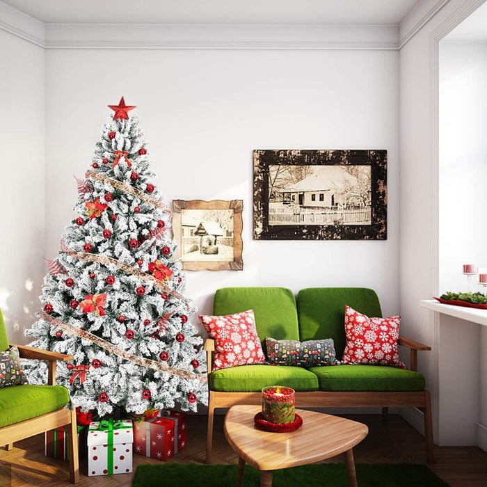 Bonnlo 7.5 ft Unlit Snow Flocked Hinged Artificial Christmas Pine Tree Full 1450 Tips Branch w/Sturdy Metal Stand for Holiday Xmas Indoor and Outdoor Decoration