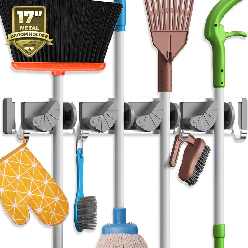 Holikme Mop Broom Holder Wall Mount Metal Pantry Organization and Storage Garden Kitchen Tool Organizer Wall Hanger for Home Goods (4 Positions with 4 Hooks, Black)