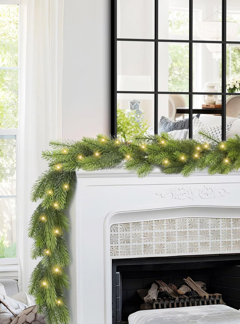 9FT Real Touch Norfolk Pine Garland Christmas with Light Winter Artificial Faux Greenery Garland Table Mantle Stairs Fireplace Wall Decor Outdoor Indoor Porch Home Decorations (Battery Not Included)