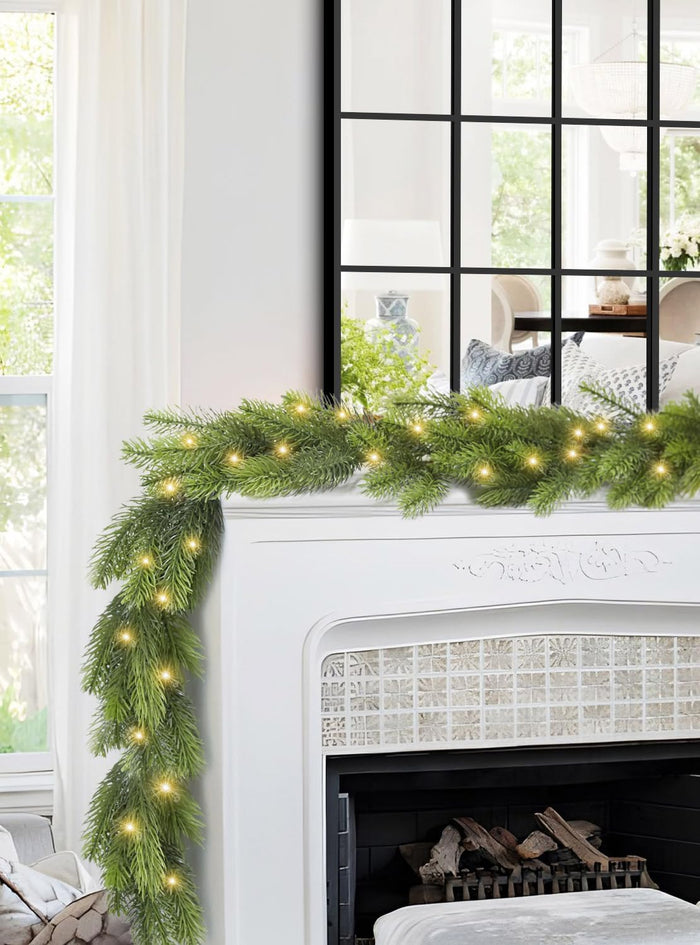 9FT Real Touch Norfolk Pine Garland Christmas with Light Winter Artificial Faux Greenery Garland Table Mantle Stairs Fireplace Wall Decor Outdoor Indoor Porch Home Decorations (Battery Not Included)