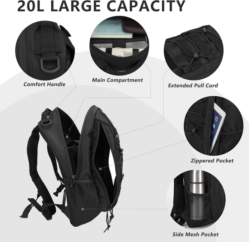 BAIXINGBAGS 20L Mini Small tactical backpack for men, MOLLE System Daypack black gym hunting backpack Comfortable for Hiking Camping