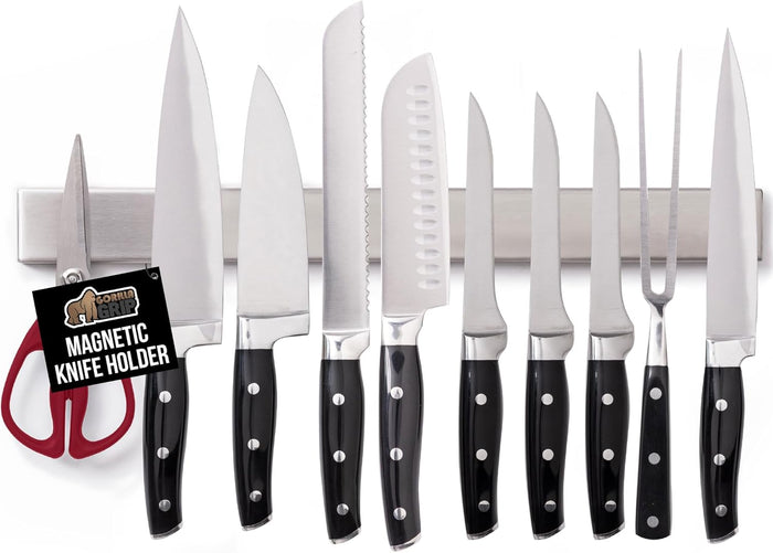 GORILLA GRIP Stainless Steel Magnetic Knife Holder for Wall, Multi-Purpose Magnet Bar for Knives, Tools, Art Supplies, Heavy Duty Strip Holds Up to 6 lbs, Kitchen Organizer, Drilling Required, 10 Inch