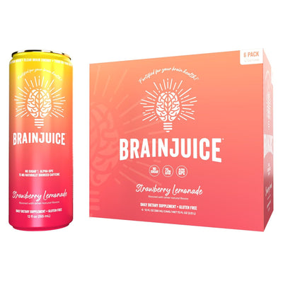 Brainjuice Brain Health Support Drink for Energy & Focus, Vitamin C, B5, B6 & B12, L Theanine, Alpha GPC & Natural Caffeine From Green Tea, Vegan, Gluten Free, Strawberry Lemonade, 12 Oz Can, 6 Pack