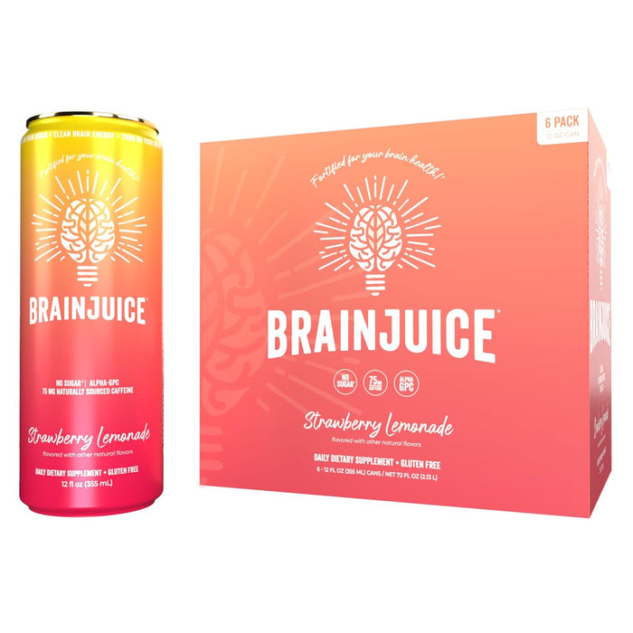 Brainjuice Brain Health Support Drink for Energy & Focus, Vitamin C, B5, B6 & B12, L Theanine, Alpha GPC & Natural Caffeine From Green Tea, Vegan, Gluten Free, Strawberry Lemonade, 12 Oz Can, 6 Pack