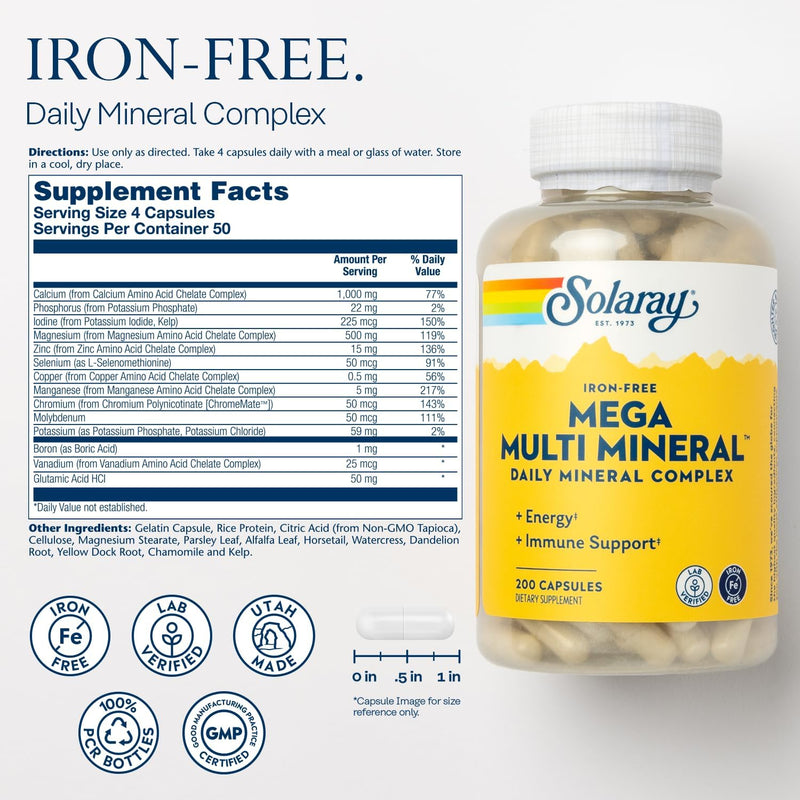 SOLARAY Mega Multi Mineral, Iron Free - Daily Mineral Supplement w/Trace Minerals, Electrolytes, Calcium, Magnesium, Zinc, Selenium, Boron -Cellular Energy, Immune Support, 60-Day Guarantee, 50 Serv