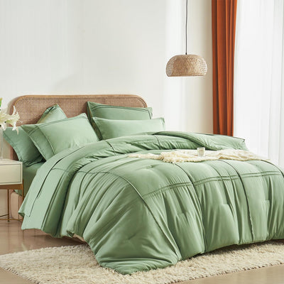 Yogeneg Queen Comforter Set 7 Piece Bed in a Bag,Grid Pinch Pleat Sage Green Bedding Set,Striped Textured Soft Microfiber Comforter with Sheet Set,All Season Complete Bed Set(Sage Green,Queen)