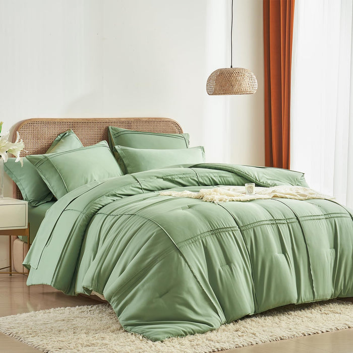 Yogeneg Queen Comforter Set 7 Piece Bed in a Bag,Grid Pinch Pleat Terracotta Bedding Set,Striped Textured Soft Microfiber Comforter with Sheet Set,All Season Complete Bed Set(Terracotta,Queen)
