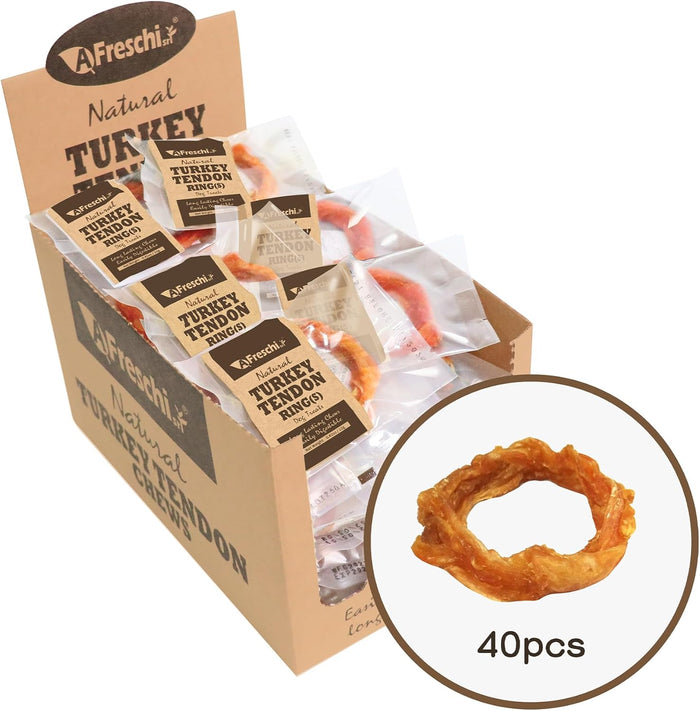 AFreschi Turkey Tendons for Dogs, USA-Sourced, Healthy Dog Treats, Rawhide-Free Puppy Chews, Long Lasting, All Natural, Hypoallergenic Dog Treats for Small Breeds, 40 Count Box Bone (S)
