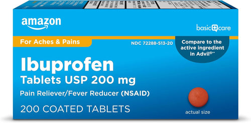 Amazon Basic Care Ibuprofen Tablets 200 mg, Pain Reliever/Fever Reducer, Body Aches, Headache, Arthritis Pain Relief and More, 500 Count (Packaging may vary)