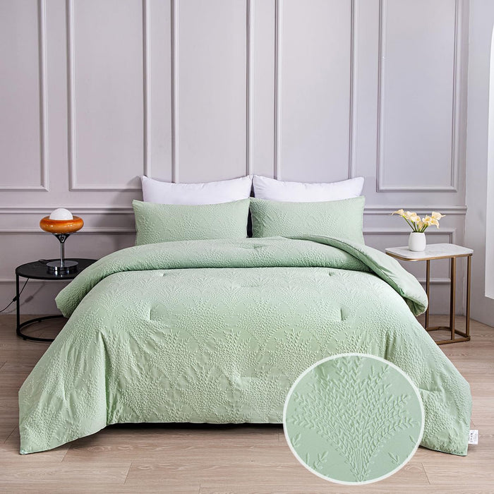Sage Green Jacquard Comforter Set Queen Leaf Comforter Boho Bedding Set 3 PCS Soft All-Season Luxury Bedding(Sage Green,Queen)