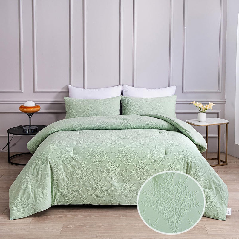 Sage Green Jacquard Comforter Set Queen Leaf Comforter Boho Bedding Set 3 PCS Soft All-Season Luxury Bedding(Sage Green,Queen)