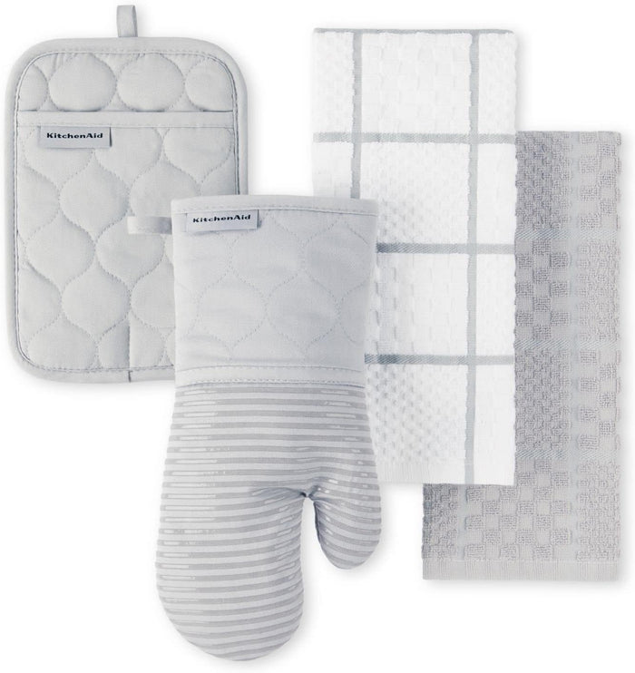 KitchenAid Quilted Cotton Terry Cloth Oven Mitt, Pot Holder, Kitchen Towel 4-Pack Set, Heat Resistant, Silicone Grip, Gift Set, Matte Black, 16"x26", 7"x13" & 7"x10"