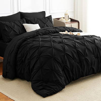 Full Comforter Set 7 Pieces Bed in A Bag Black Luxury Soft Full Size Bed Set Pintuck Pinch Pleat Bedding Sets with Comforter, Flat Sheet, Fitted Sheet and Pillowcases & Shams