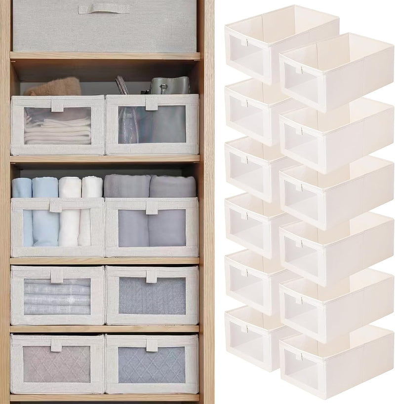 Linen Closet Organizers And Storage, 4 Pack Storage Bins Baskets for Organization Foldable Organizer with Clear Window Organizing Clothing, Jeans, Shelves