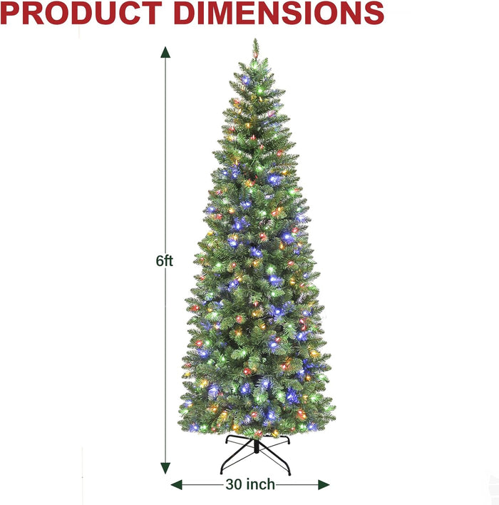 Hykolity 6ft Prelit Pencil Slim Christmas Tree with 200 Color Changing LED Lights, 544 Branch Tips, Metal Stand and Hinged Branches, 10 Color Modes