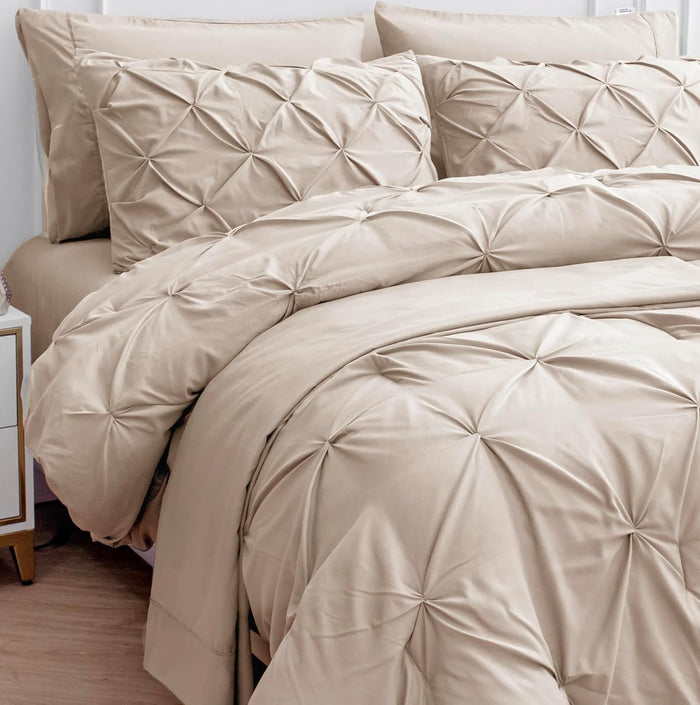 LANE LINEN White Comforter Set with Sheets, 7 Piece Bed in a Bag Queen Size, Pintuck Queen Bed Set, Ultra Soft Bedding Queen Size with Down Alternative Comforter, Sheets, Pillowcases & Shams - White