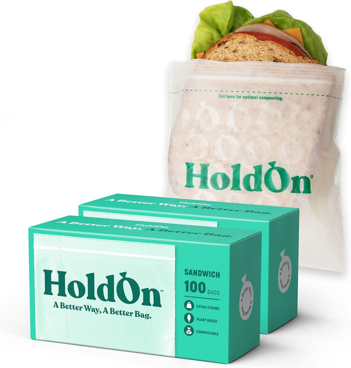 HoldOn HoldOn Zipseal Gallon Bags - Compostable, PFOA-Free, BPA-Free, Food-Safe Zip Seal Food Storage Bags/Freezer-Safe Gallon Bags With Secure Seal for Home & Travel (2-pack, 50 bags total)