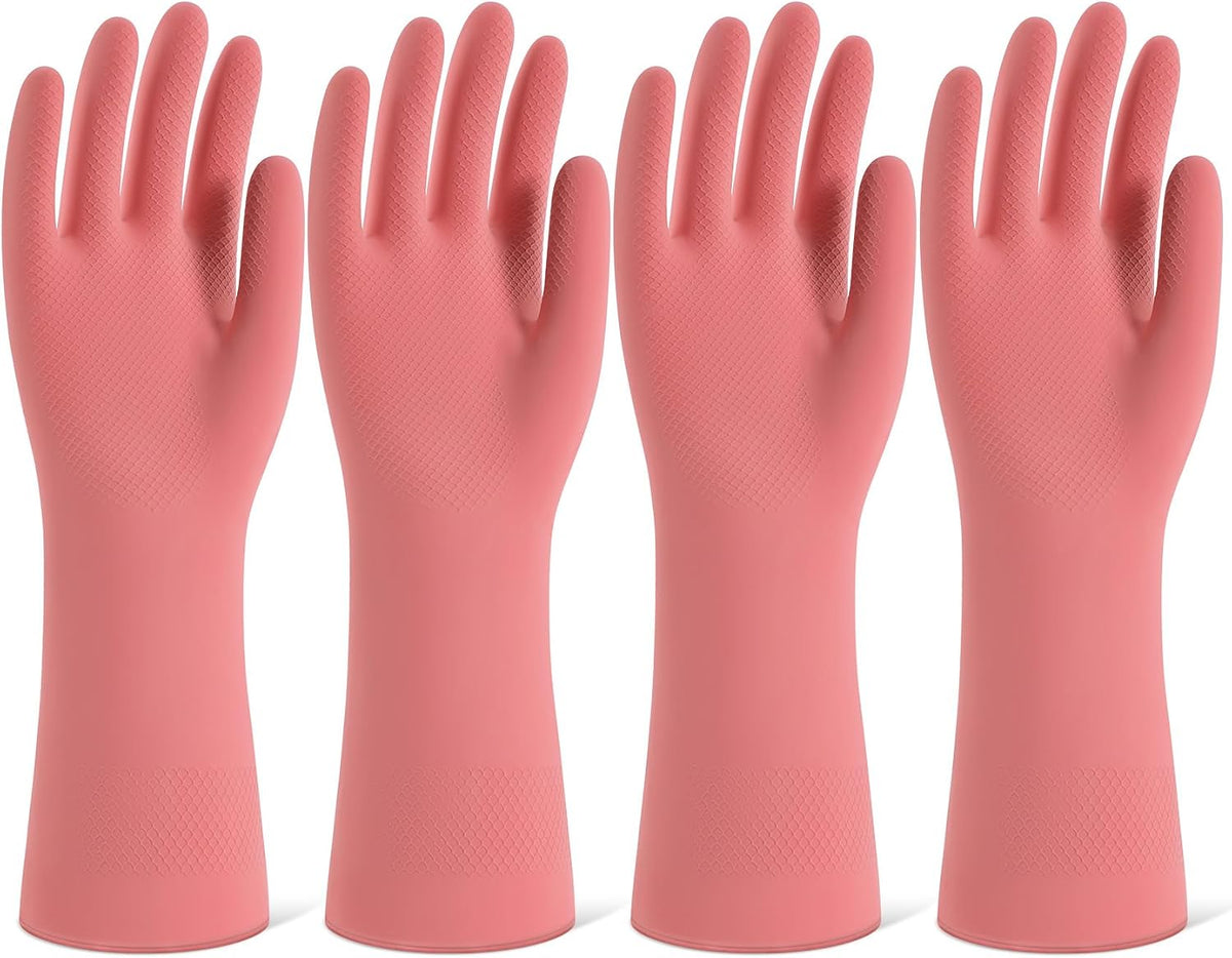 Rubber Cleaning Gloves for Dishwashing, 4 Pairs Reusable Kitchen Gloves for Washing Dishes and Household Cleaning, Green Dish Gloves with Flocked Lining and Non-Slip Grip, Pefect for Woman Men - M